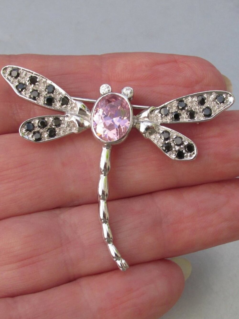 Signed NF Chapal-Zenray Sterling Silver DRAGONFLY Pink Rhinestone Brooch Pin